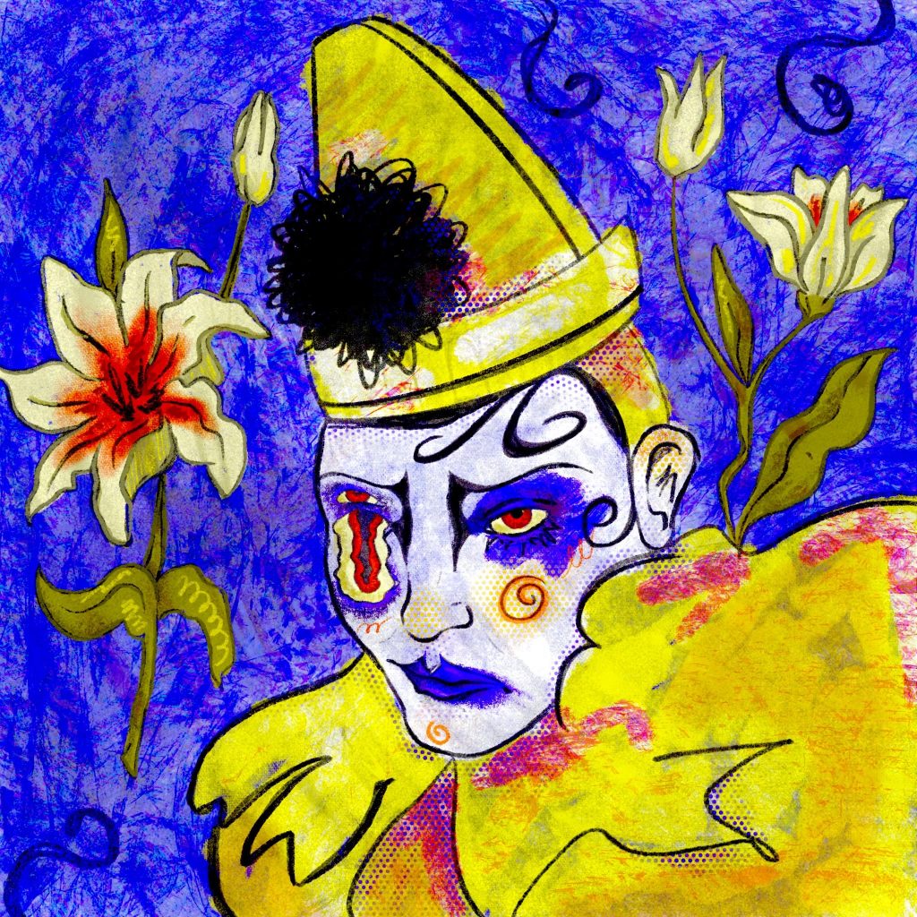 Ilustración de una payasa representada con un estilo surrealista y tramados, en la ilustración se representa a la figura de una payasa con una deformidad en el ojo derecho, dando la sensación de que su rostro se está derritiendo. Se ilustran junto a la figura unos lirios amarillos con un fondo azul cobalto. La expresión de la protagonista está en un umbral de difícil reconocimiento, pues transmite indiferencia y al mismo tiempo incredulidad o rencor.