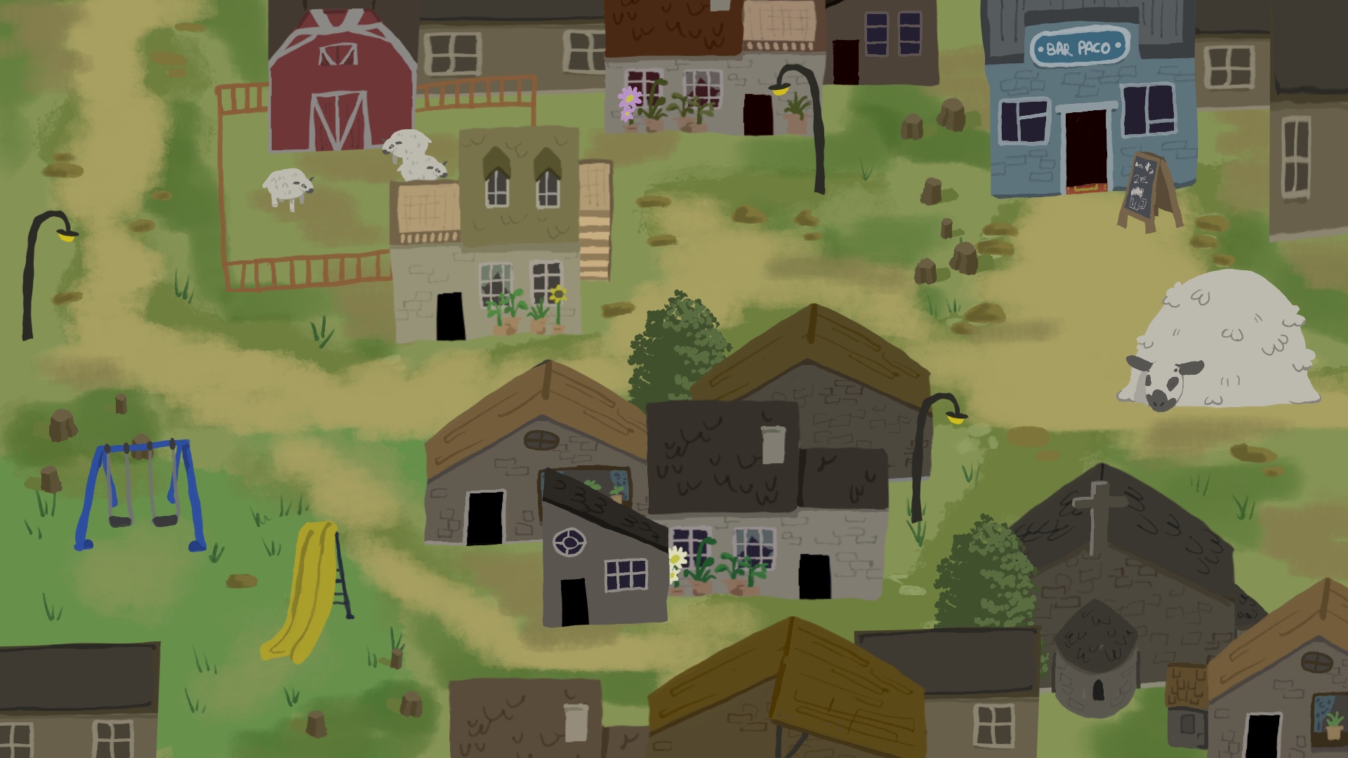 Ilustración cartoony, representa desde una perspectiva cenital un pequeño pueblo. Esta ilustración se desarrolló con la idea de implementarse en un pequeño proyecto centrado en el desarrollo de un videojuego.