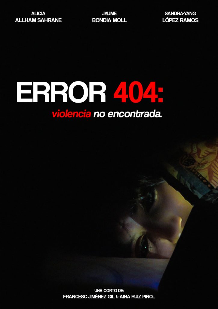 Póster promocional del Corto: ERROR 404: Violencia no encontrada. Se muestra a una chica acostada, tapada con sábanas, con el rostro iluminado por una consola.
