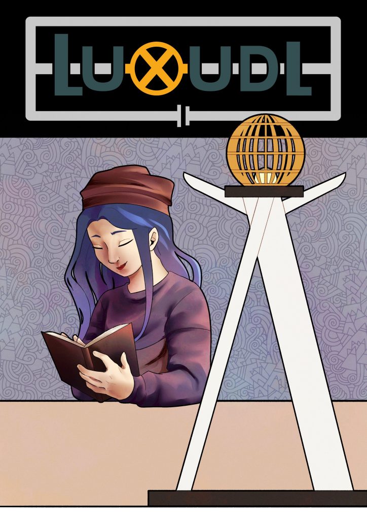 Póster promocional de una lámpara de diseño de la marca LUXUDL. Se muestra a una joven leyendo bajo la luz de la lámpara.