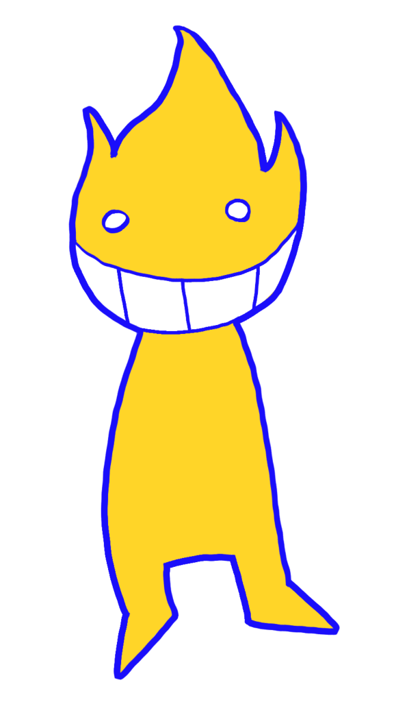 Icono de FLAMA (Mascota), una pequeña ascua con tronco y piernas, expresión risueña.