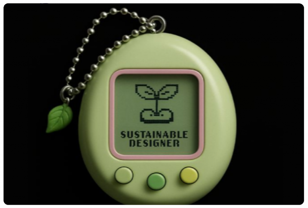 Fotografía de un "tamagochi" con 3 botones, adornado con una cadena y una pequeña hoja como adorno. El tamagochi tiene 3 botones, y en el display se muestra un pequeño brote junto al texto: Sustainable designer.