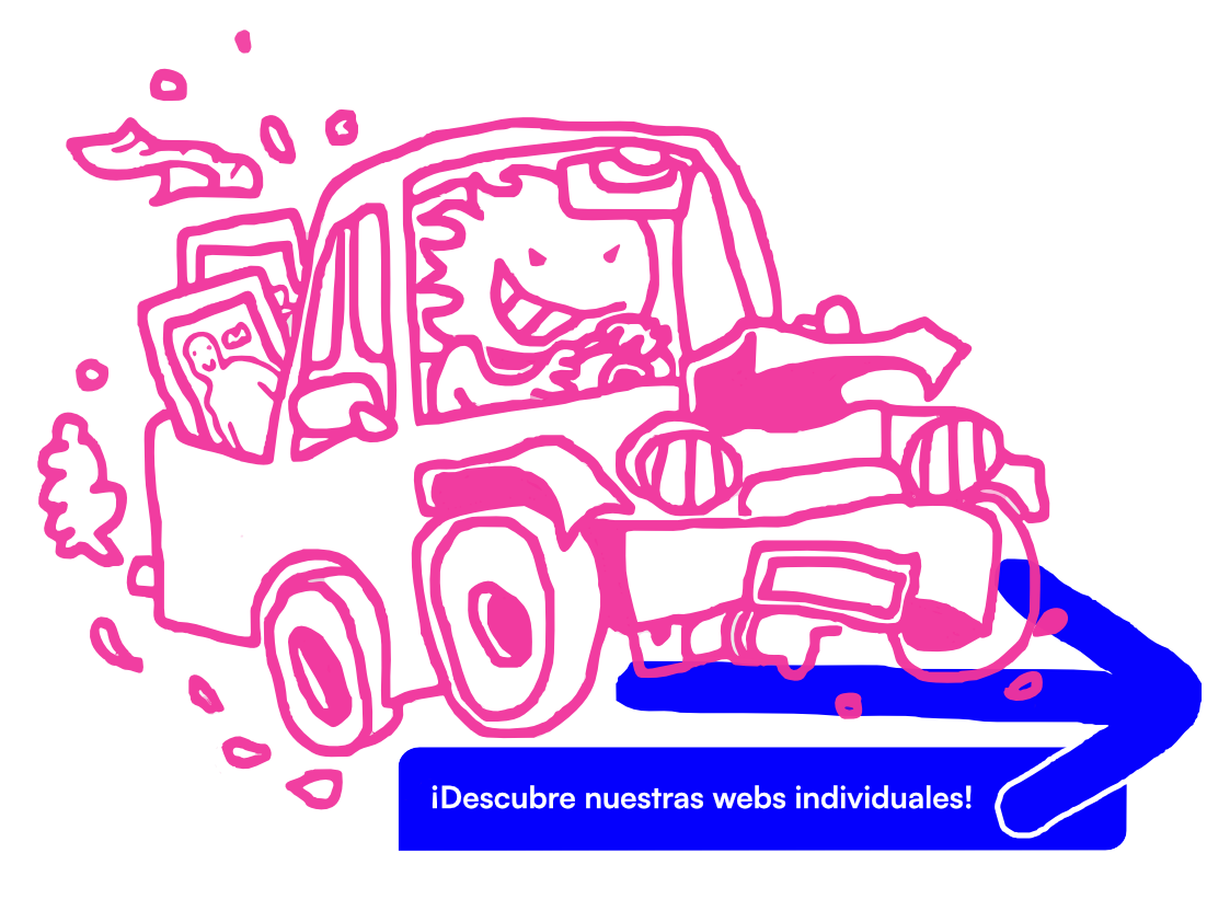 Icono de ir a las webs personales. Representado con la mascota de flama conduciendo un vehículo pick up llevándose las obras.